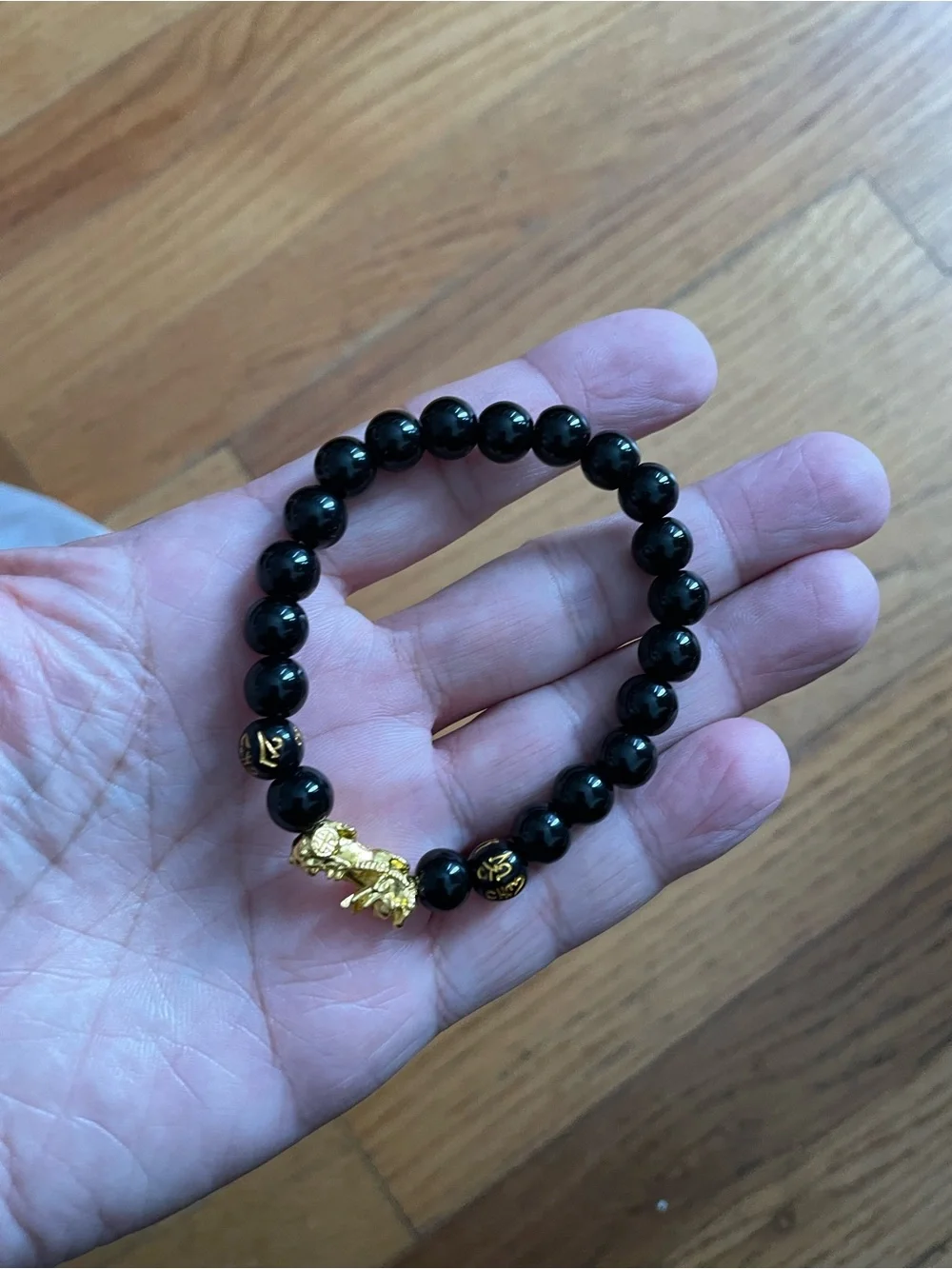 Black Beaded Men's Bracelet with Gold Pixiu Accent